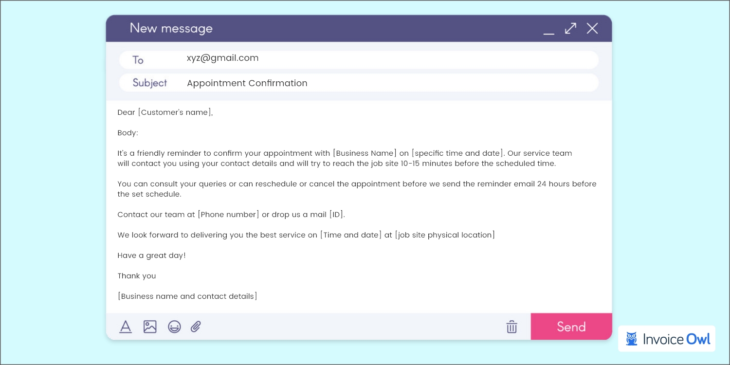 Confirmation email reply sample showing basic template structure