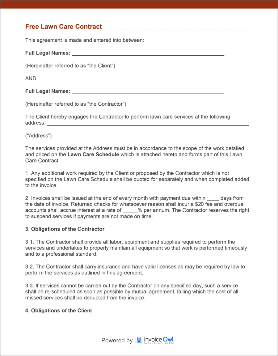 Simple lawn care contract template