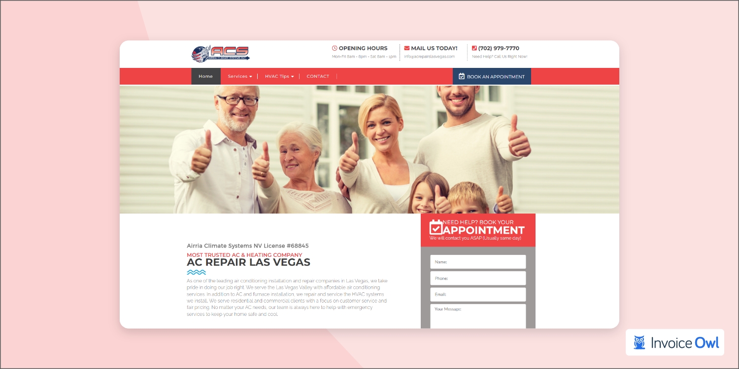 AC Repair Las Vegas website showing social media integration and human photos
