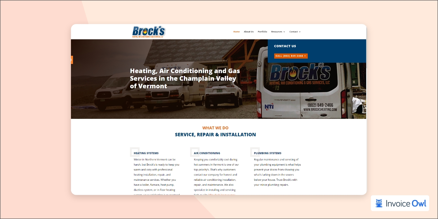 Brock's Heating, Air Conditioning and Gas website with orange and blue color scheme