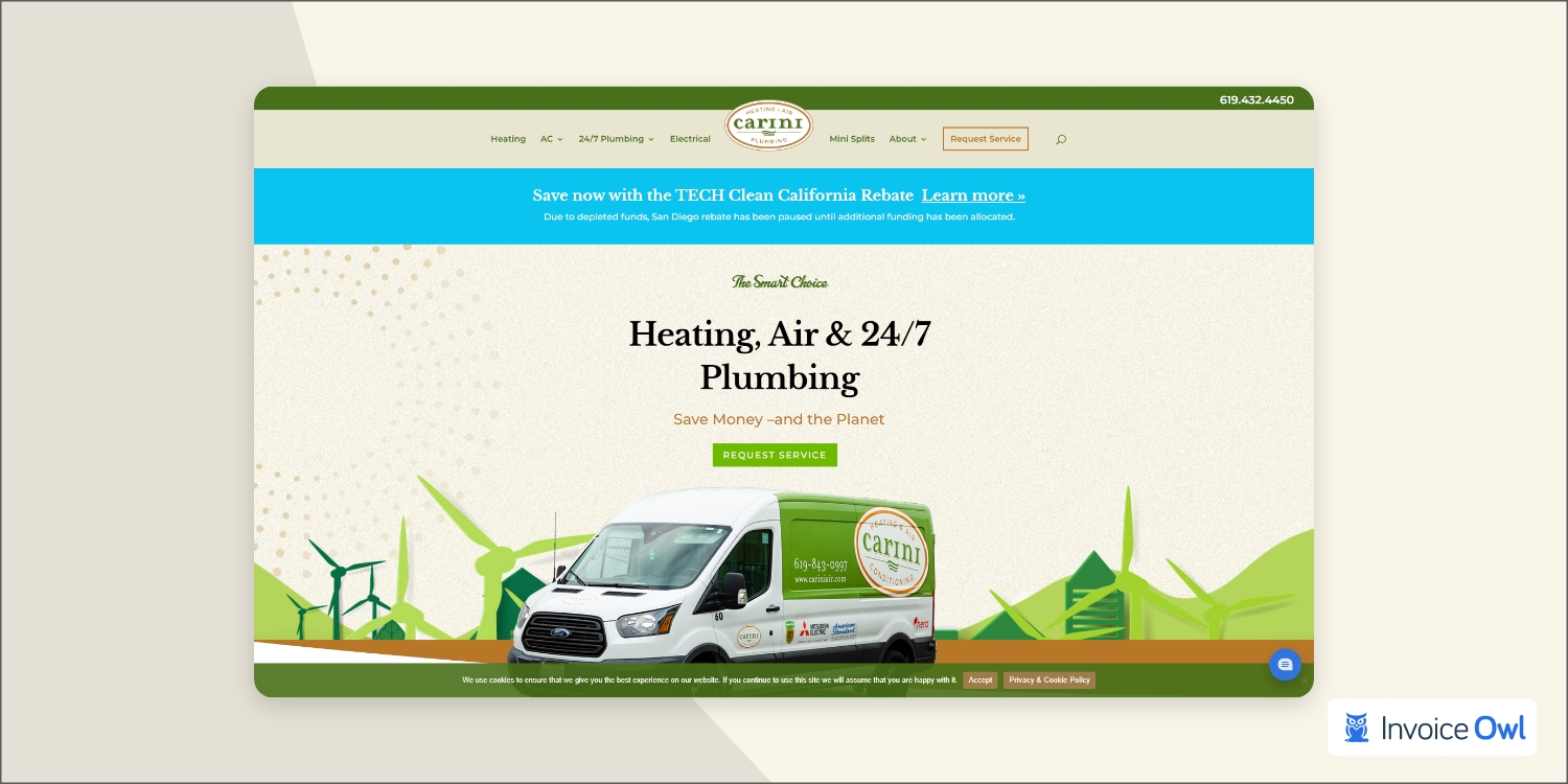 Carini Heating, Air and Plumbing website with colorful teal, green, and beige design