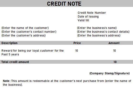 Credit note template for customer rewards and loyalty programs