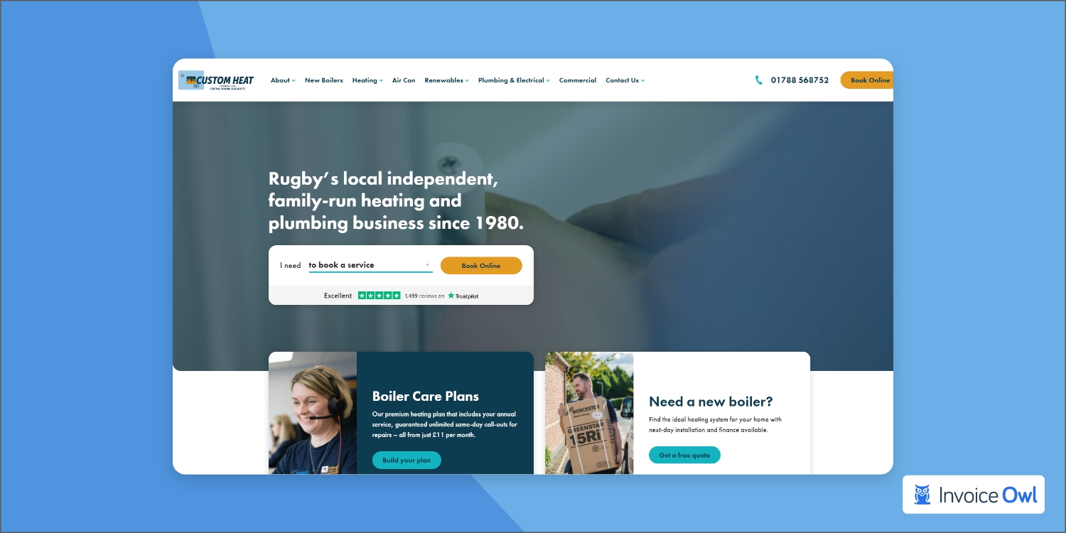 Custom Heat Limited HVAC website with clean white background and blue color scheme
