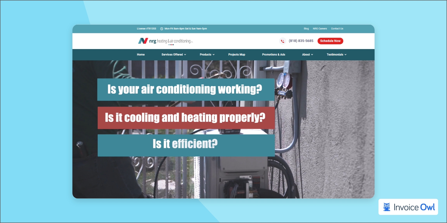 NRG Heating and Air Conditioning website showing bright red CTA button and comprehensive layout