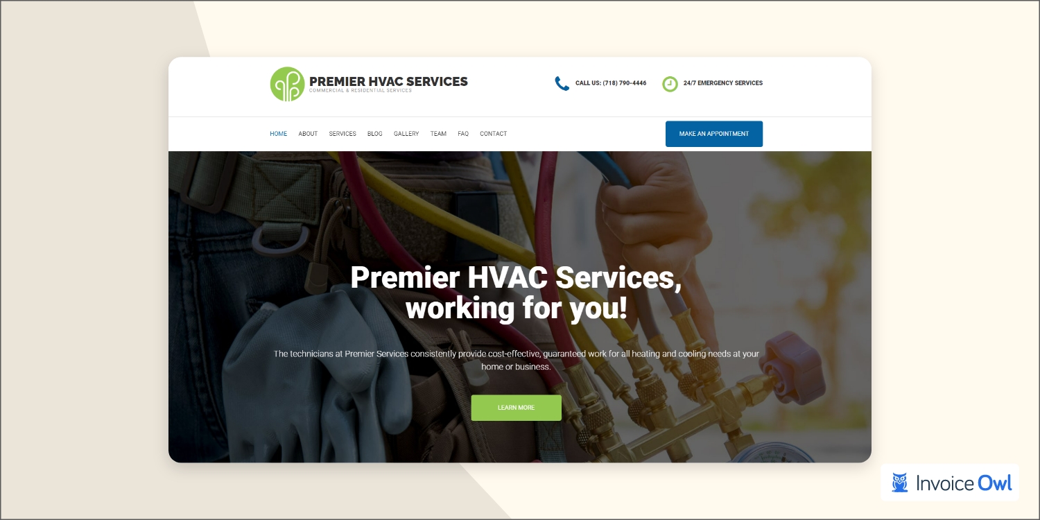 Premier HVAC Services website highlighting local ownership and easy booking