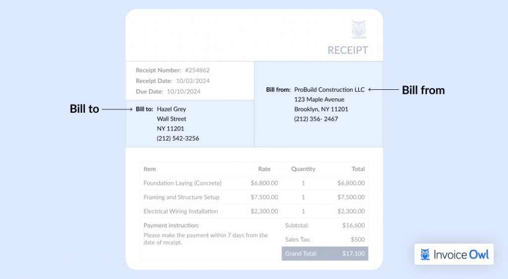 Receipt template showing company contact information section
