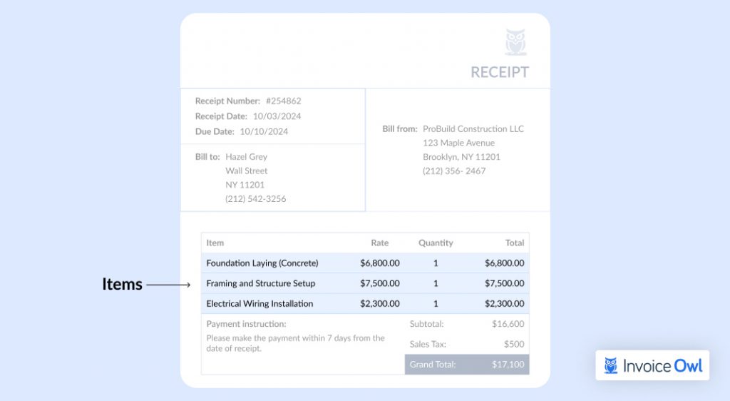 Receipt template showing itemized list of purchased items with prices