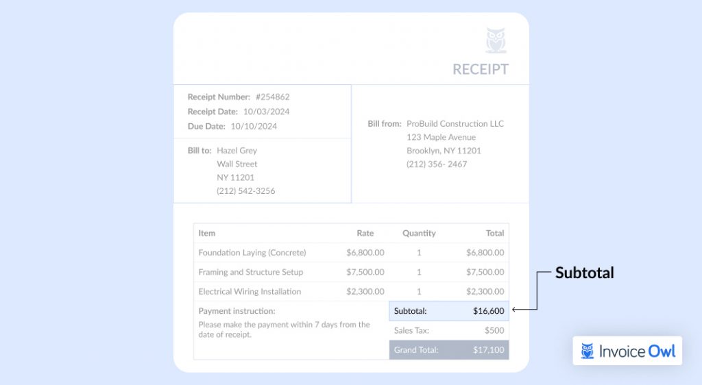 Receipt template showing subtotal calculation