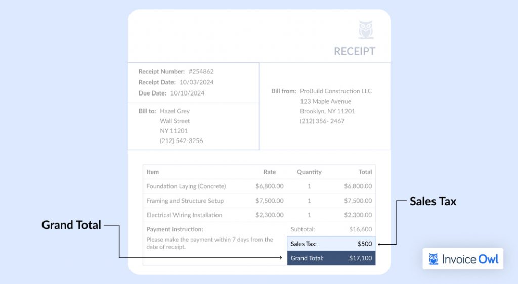 Receipt template showing taxes and grand total