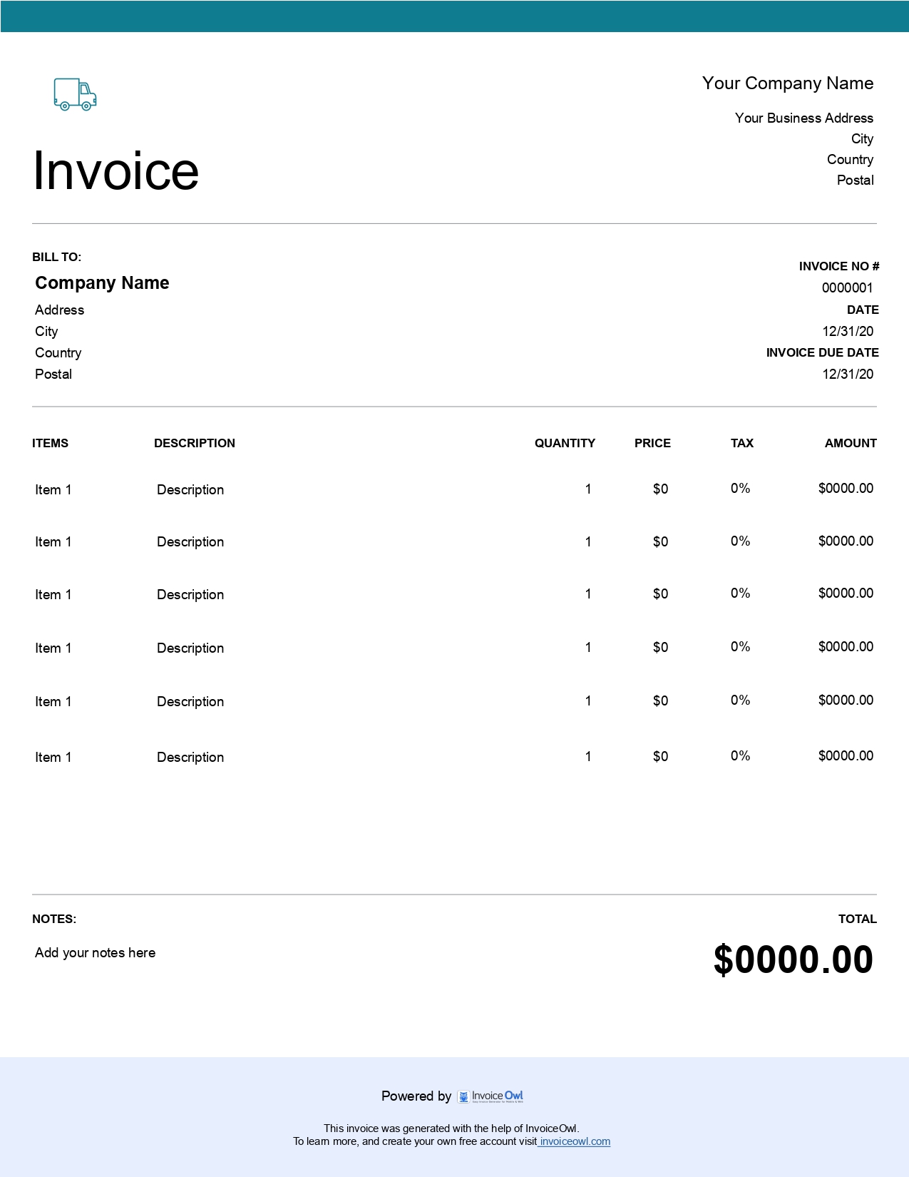 Per kilometer invoice