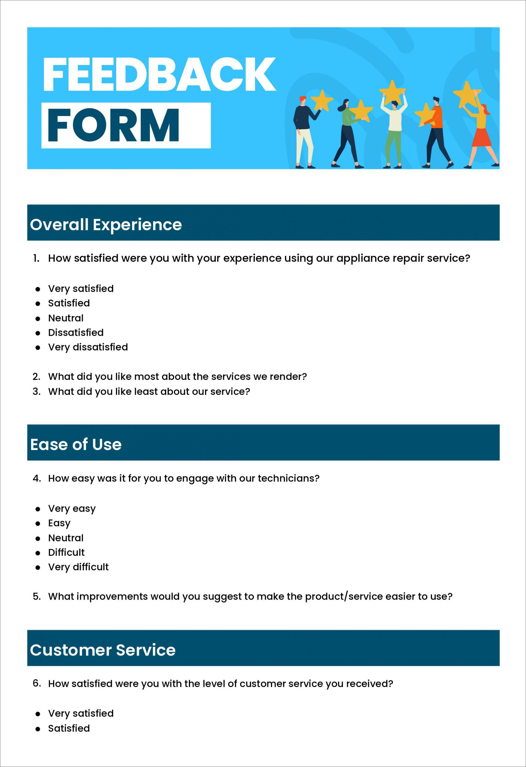 Feedback form example for appliance repair businesses