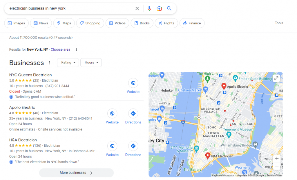 Local search results page
