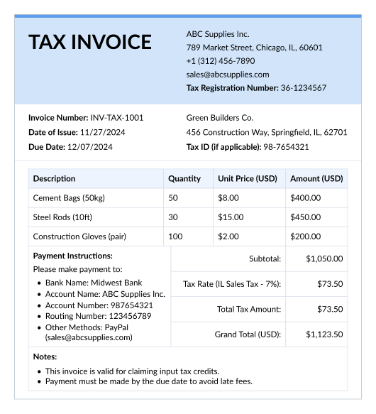 Tax invoice template example with itemized charges and tax breakdown