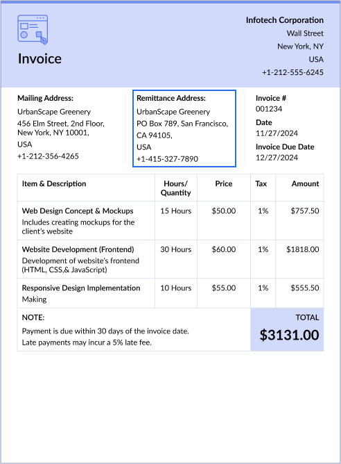 Invoice template showing remittance address placement