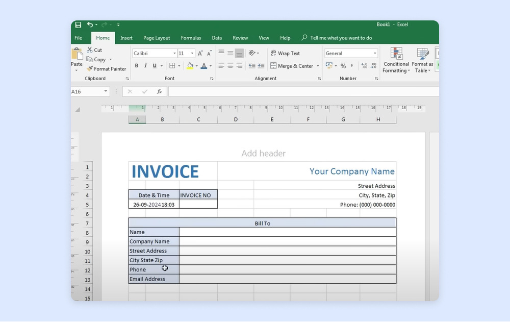 Excel spreadsheet with client information fields