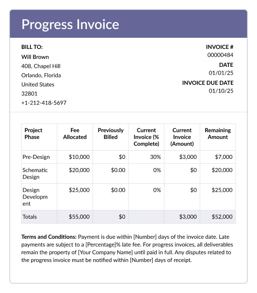 Progress invoice template example showing milestones and payment breakdown