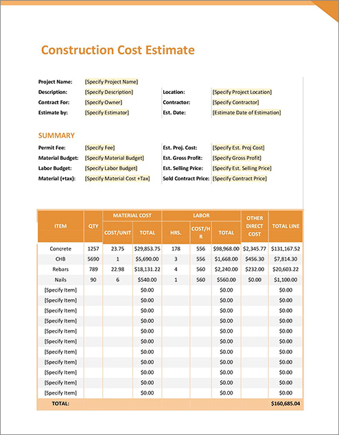 how to estimate construction costs: Construction Cost Estimate Template