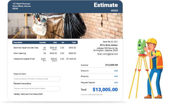 Contractor estimate template to create customized estimates