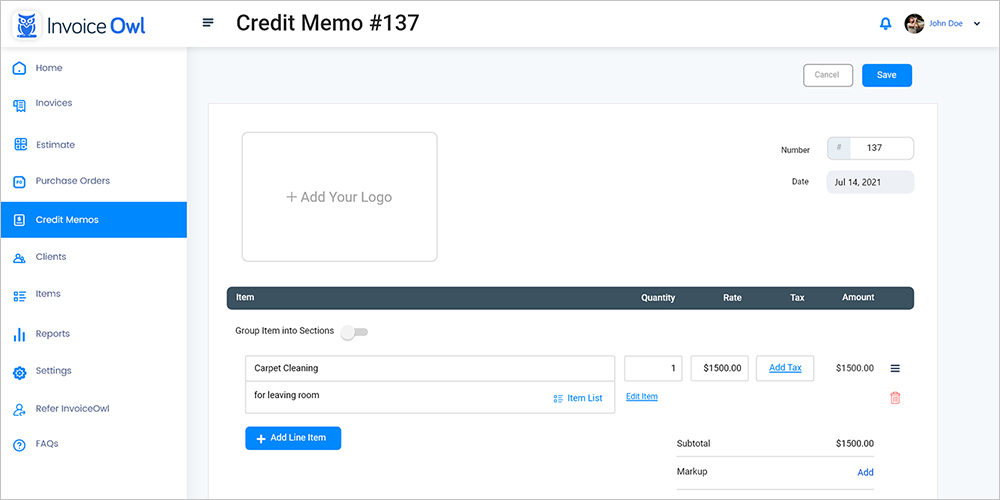 credit memo template