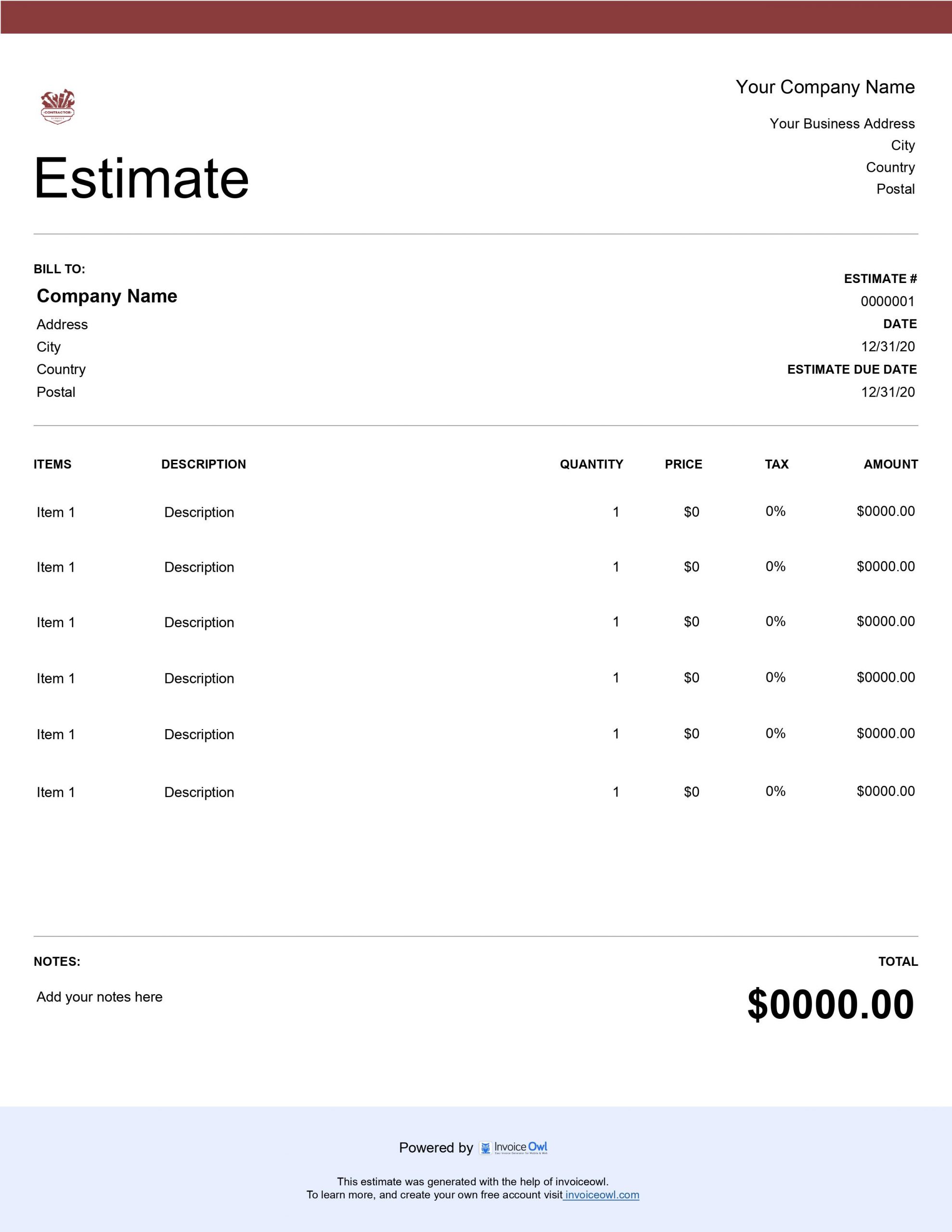 contractor estimate template