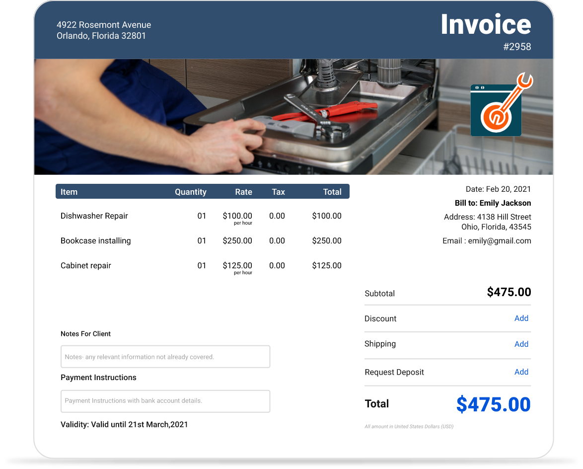 Appliance repair invoice template
