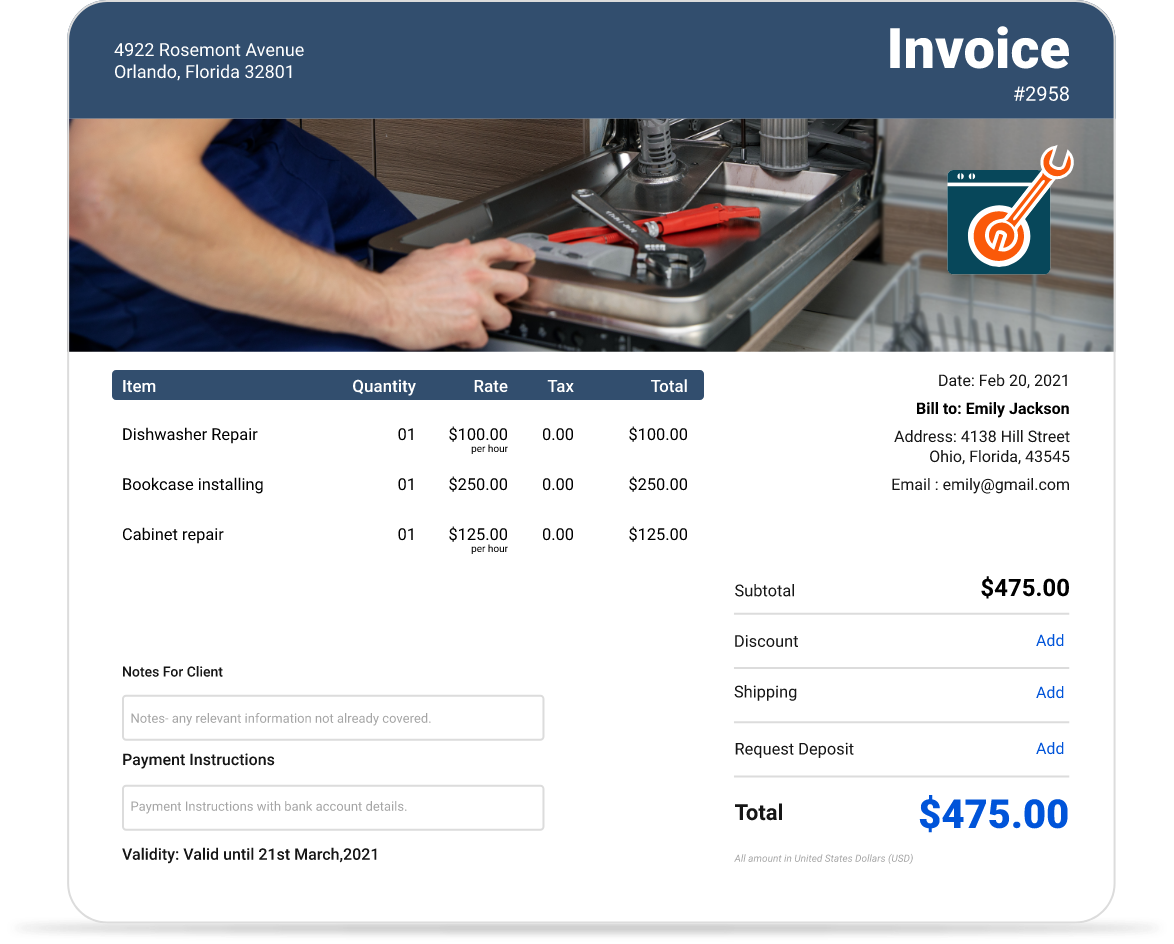 Appliance repair invoice template