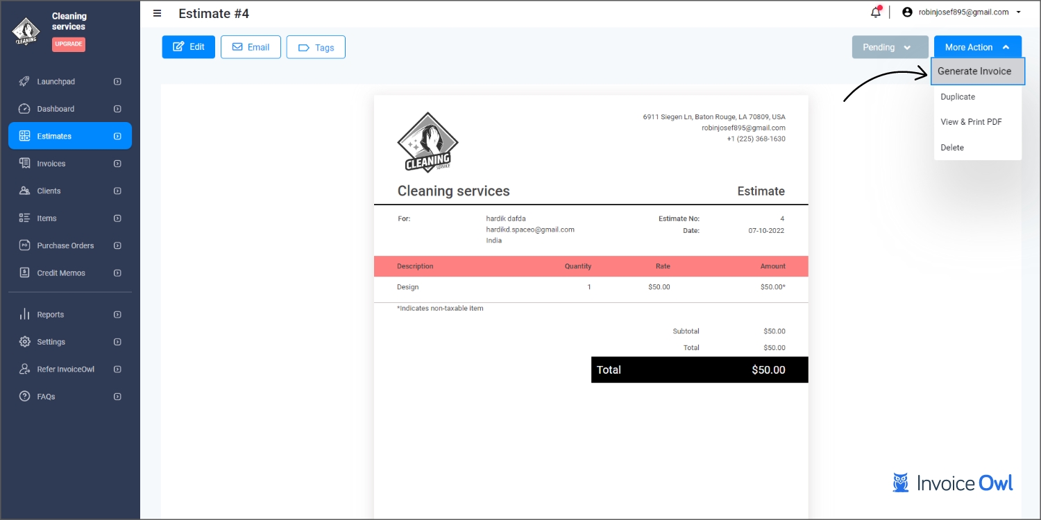 Convert the estimate into an invoice in a single click