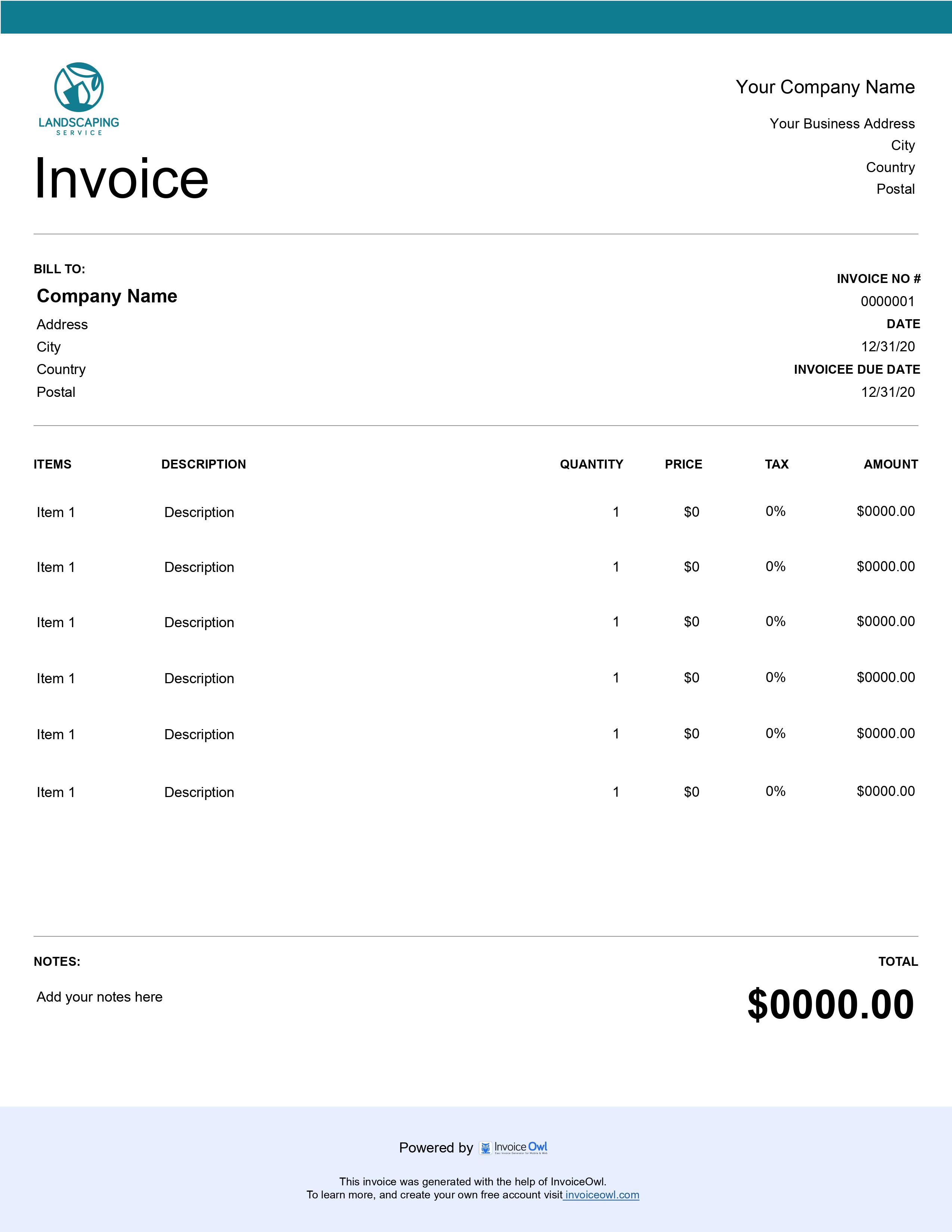 Lawn aeration services business invoice template