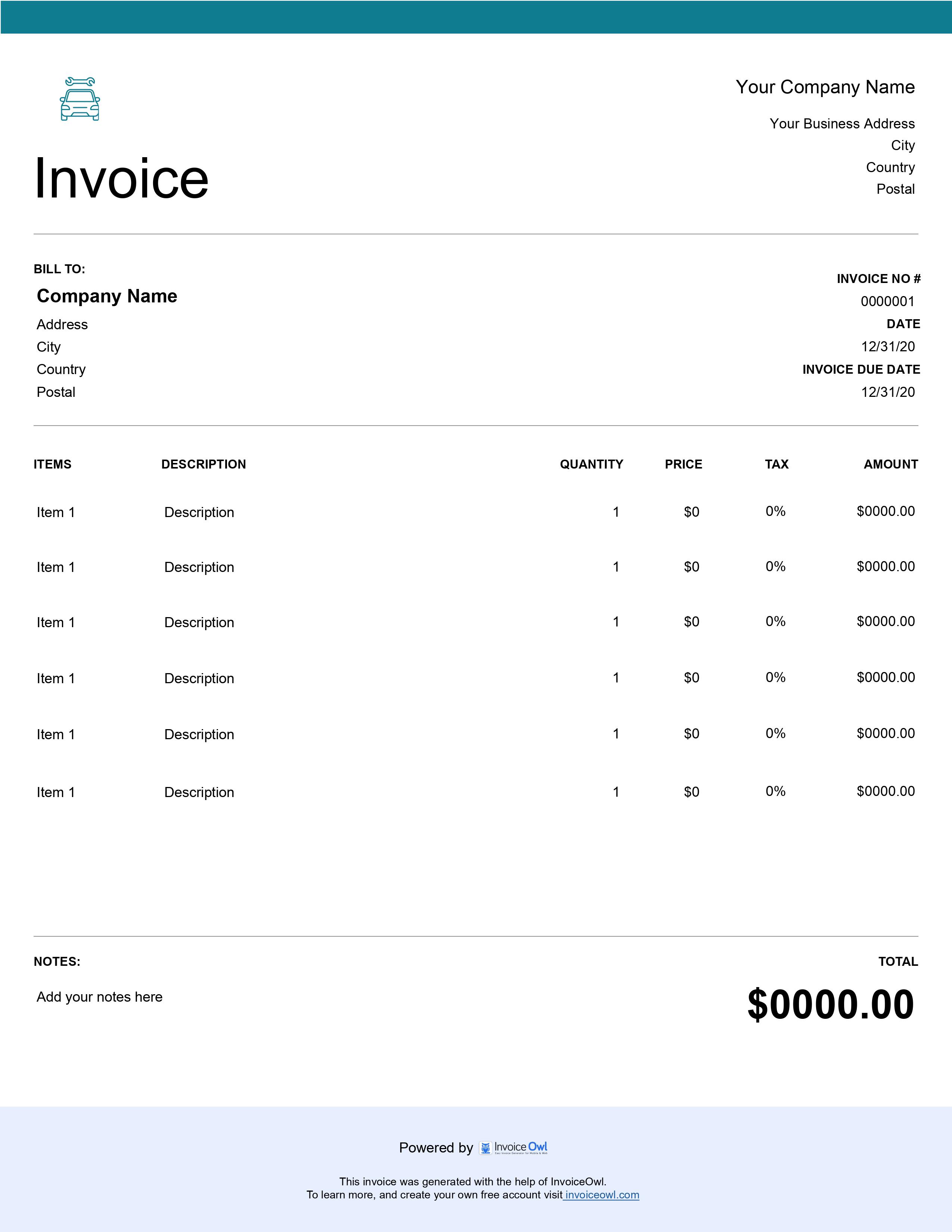 Auto repair work order invoice template