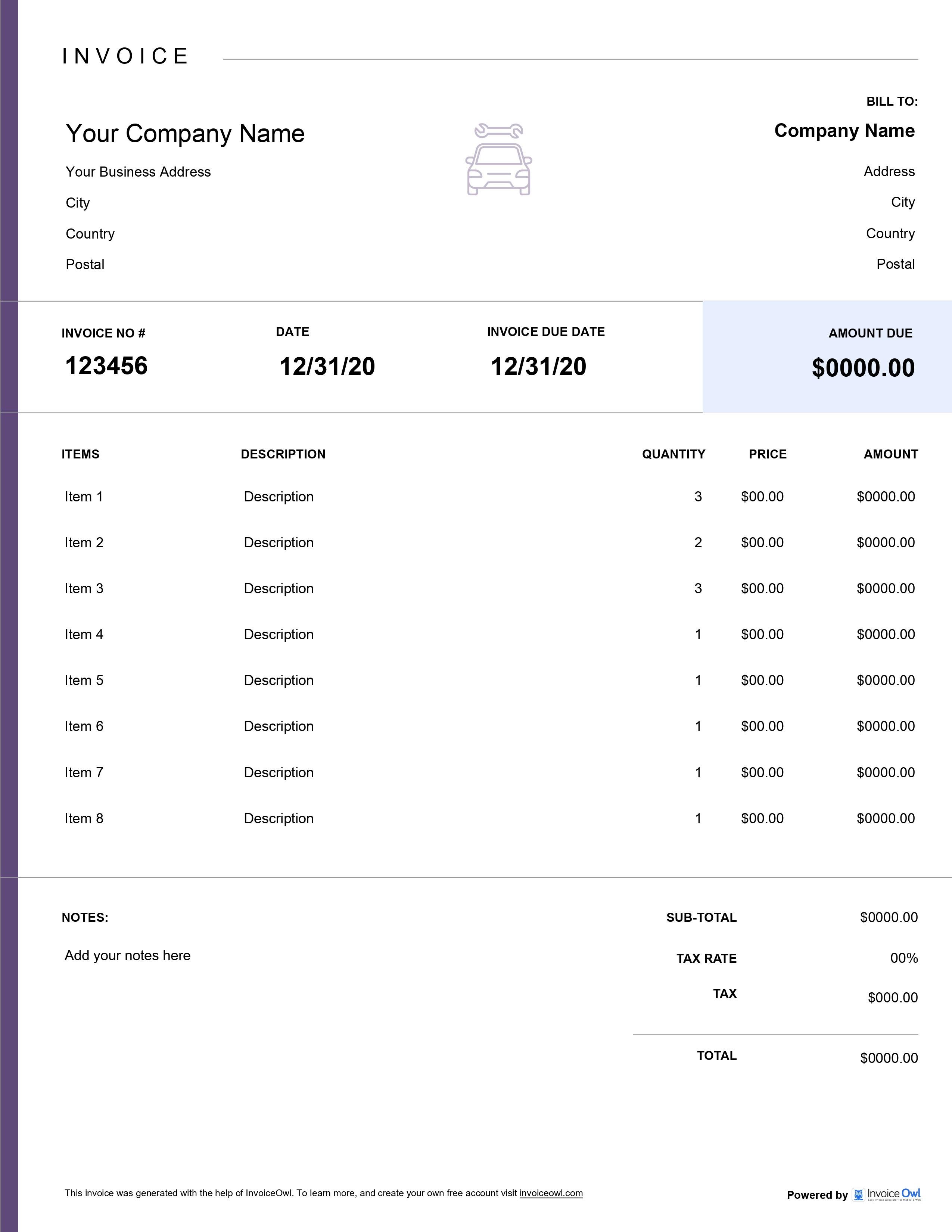 Automotive template invoice template