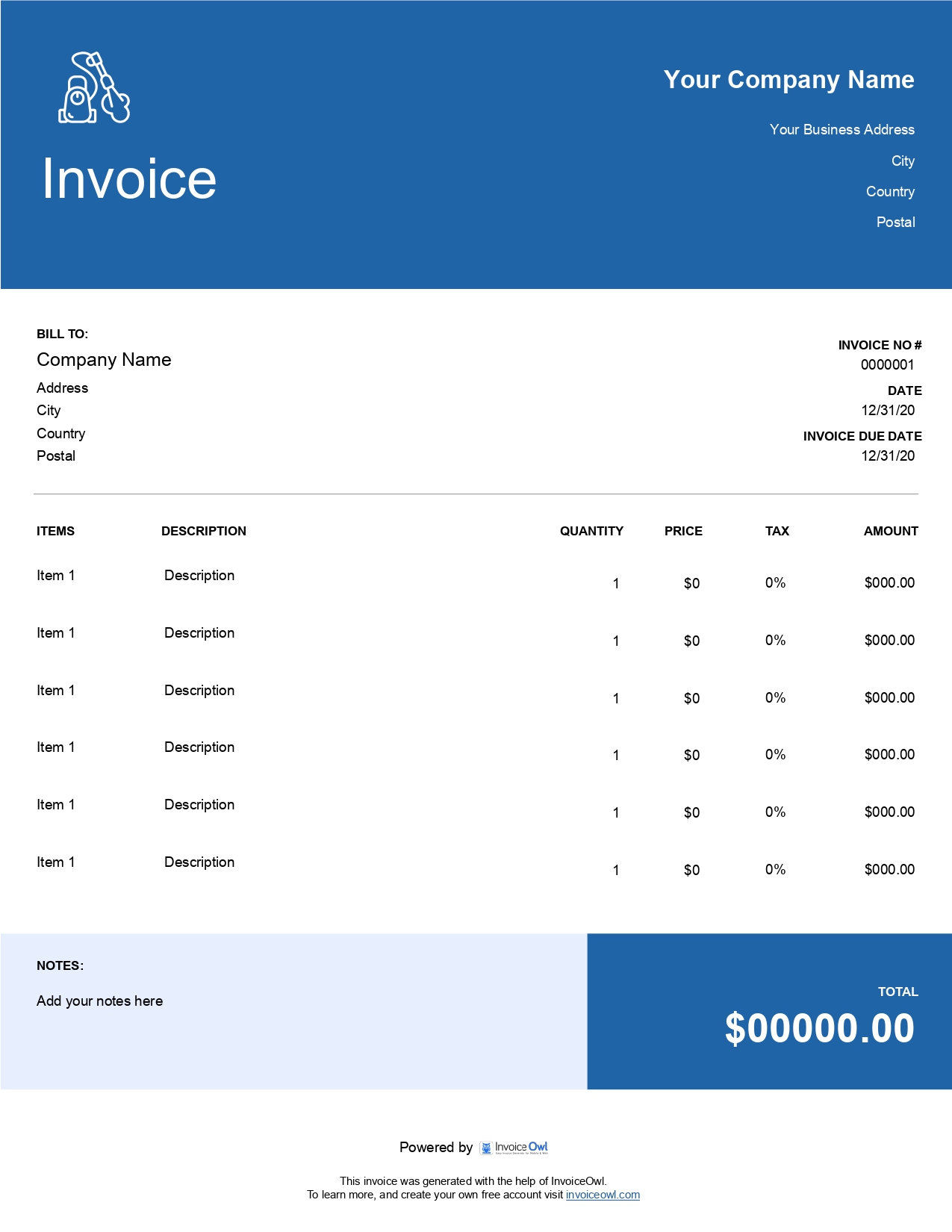Cold water service invoice template