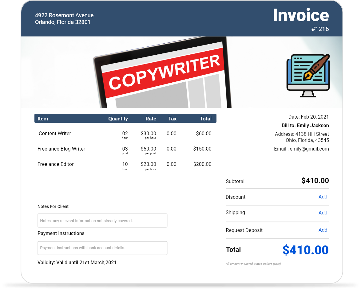 Freelance writer invoice template