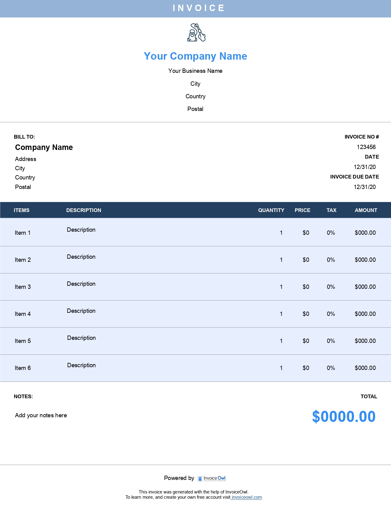 Hot water service invoice template