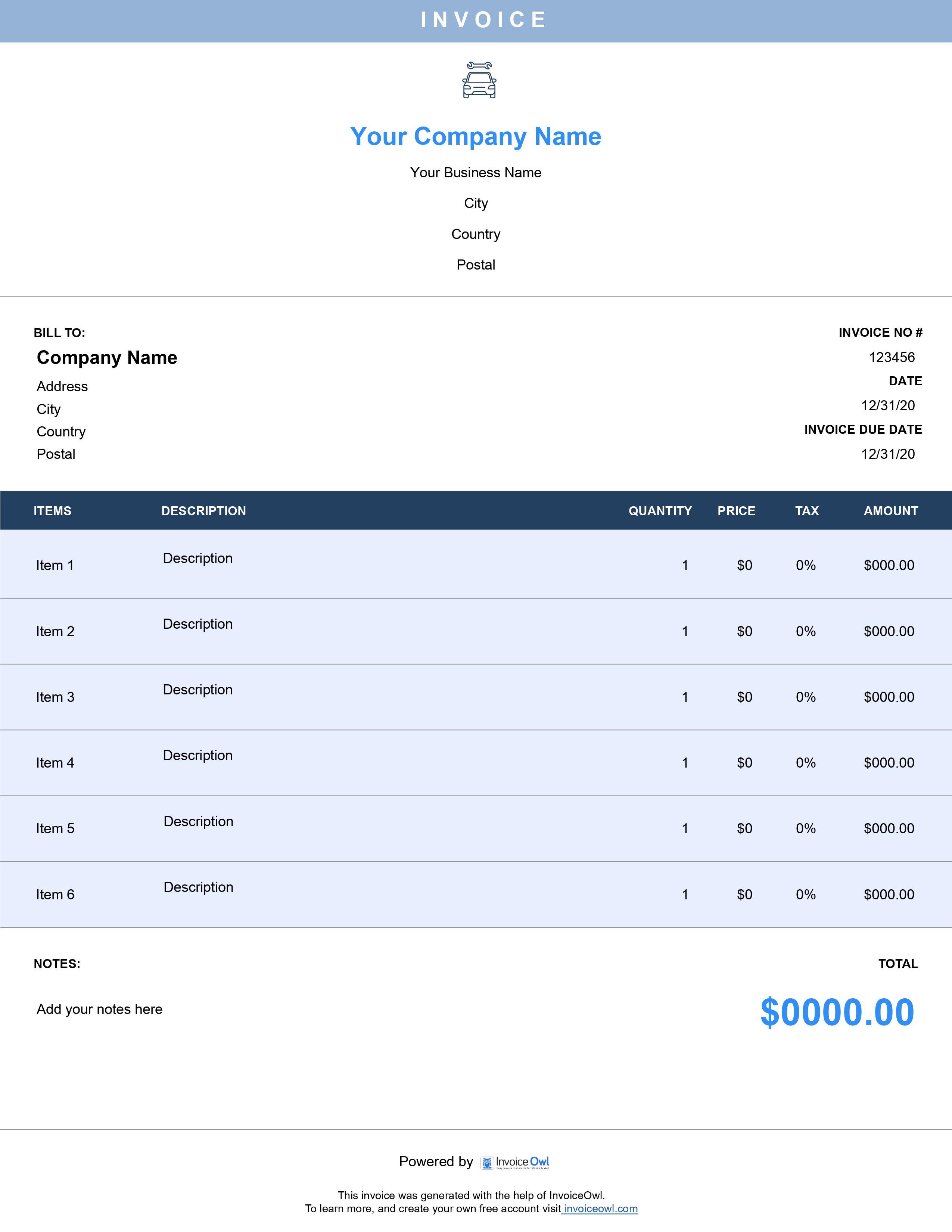 Mechanic invoice template