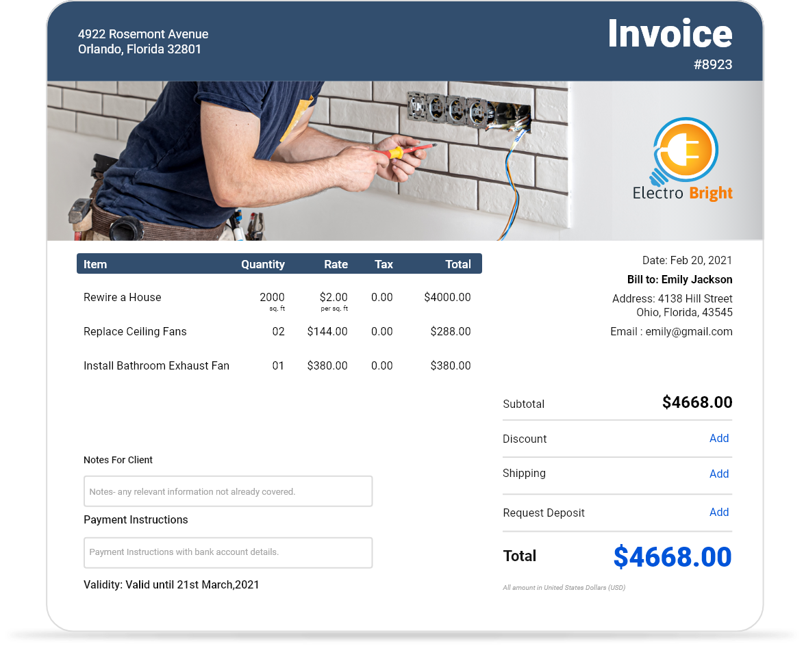 electrical work invoice template