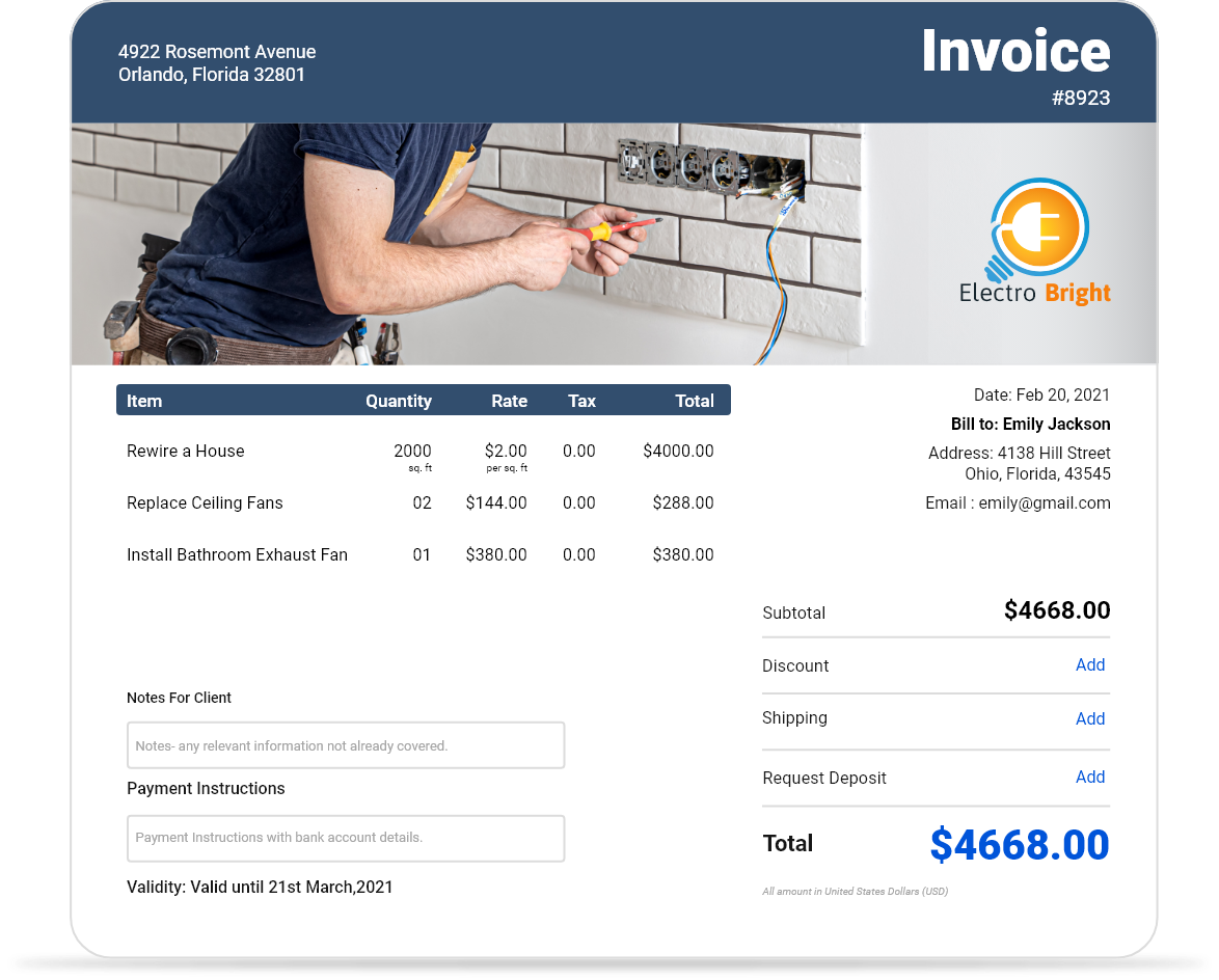 electrical work invoice template