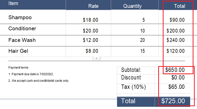 Calculate the invoice total