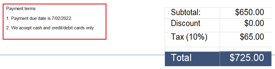 Mention payment terms