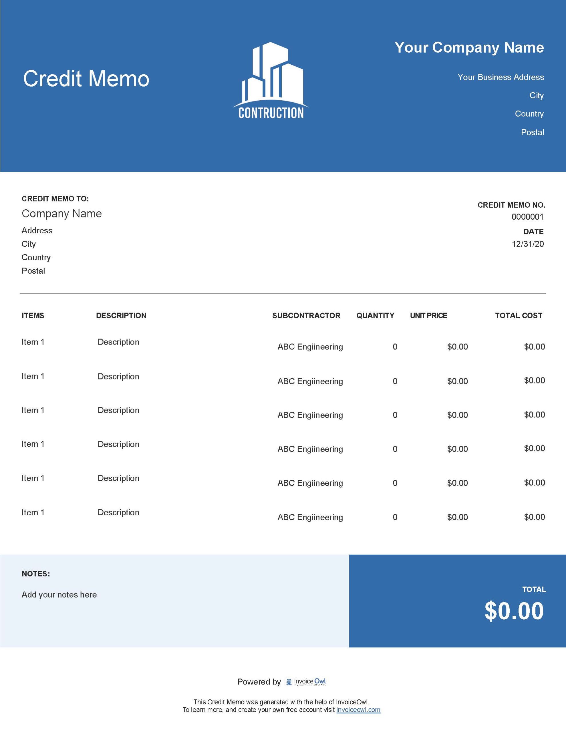 Construction Credit Memo