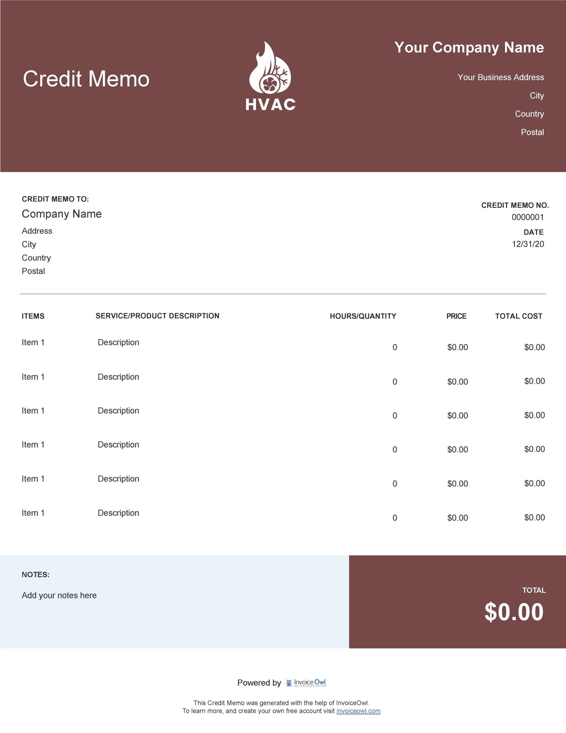 HVAC Credit Memo