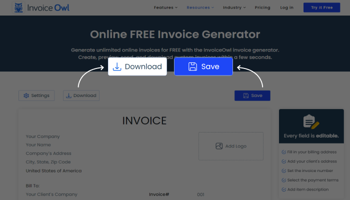 Save or download the invoice